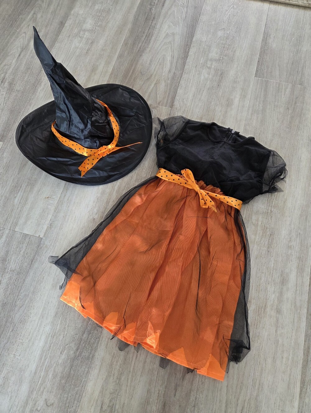 Girls Size 5/6 Halloween Costume Witch Orange Black Tulle Dress Hat Modest